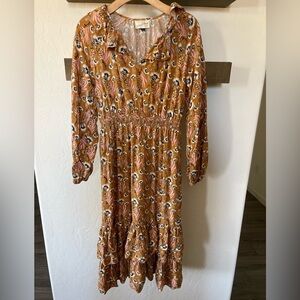 Universal Thread| Burnt Orange, Rust Floral Tiered Ruffle Midi Dress•••Prairie